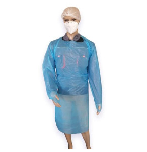 20 x Surblouses jetables de protection, en CPE imperméable BioSample (vendu par sachet de 20 blouses emballées individuellement)