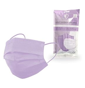 10 Masque chirurgical couleur jetables OneProtek - Lilas Type 2R IIR Médical EFB ≥98% - Certifié CE EN 14683 - Confortable et élastiques rési...