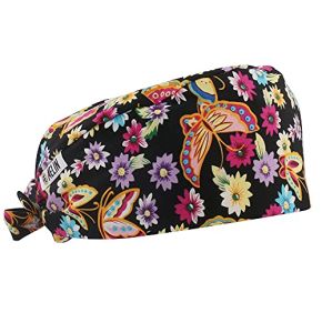 Calot De Bloc Calot Médical Cheveux Courts Unisexe 100% Coton (Noir Imprimé Papillons)