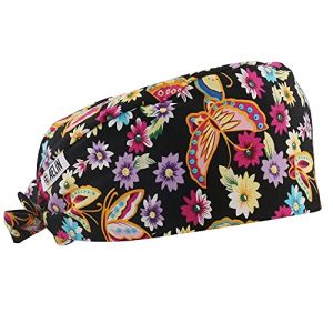 Medical Scrub Cap Unisex Short Hair 100% Cotton (Black Butterfly Print)