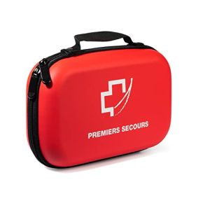 Trousse de Premiers Secours MADE IN FRANCE - Gel hydroalcoolique OFFERT - Trousse rouge étanche pour sac à dos, voiture, voyage, travail, sport, maison, enfants