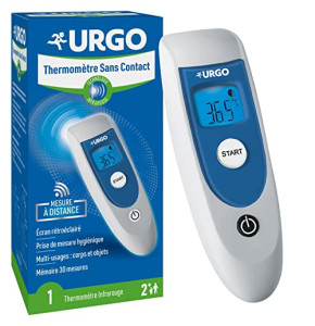 Urgo - Thermomètre Sans Contact - Technologie Infrarouge - Multi-Usages Corps et Objets - Ecran Rétroéclairé - Alerte Sonore Fièvre - Dès 2 ans