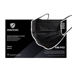 CRAZYCHIC - x100 Black Medical Surgical Mask Type IIR - CE Certified EN14683 Standard - Disposable 3-Ply Respiratory Protection - High Filtration