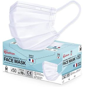 Iris Ohyama, Pack of 50 Disposable Surgical Masks Type IIR Made in France, Size M, 3 Layers, BFE 98%, Splash Resistant