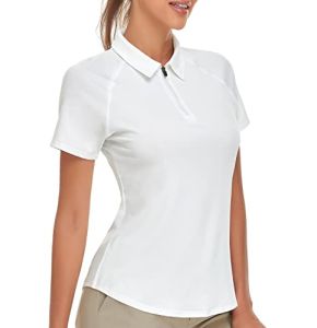 Soneven Women's Short Sleeve Polo with 1/4 Zipper Sports Tennis Golf Performance Slim Fit Polo Shirt White L