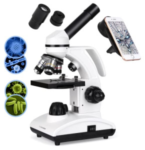 Tuword Microscope 40X-1000X, Laboratoire, Microscope Étudiant, Monoculaire Composé avec Poignée, Oculaire (WF10X / 25X) et 10 Curseurs, avec Ada...
