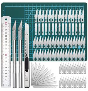 Cutter de Précision Couteau, 2 Stylos Scalpel 90 Lames Tapis de Découpe Règle en Acier pour Découpe de Travail d'art Bricolage, Spéléologie, ...