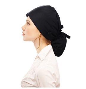 Women’s Surgeon Cap Black Cotton Scrub Hat Adjustable Kitchen Nurse Surgical Work Cap with Buttons and Sweatband