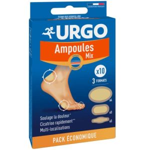 URGO - Pansements Ampoules Mix - Technologie Hydrocolloide - 3 Formats - Pack familial 10 pansements