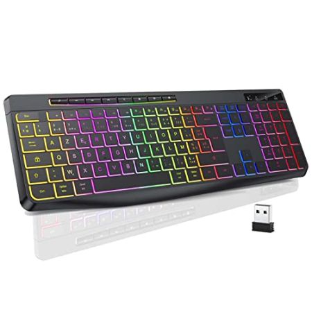 TECURS Clavier Gamer sans Fil - Clavier Ordinateur Silencieux avec Contrôle Média AZERTY Rétroéclairé, USB Clavier Ergonomique et Etanche, 3 T...