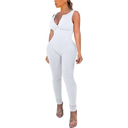 GETOUT Surblouse Lavable Femmes Sexy serré Couleur Unie débardeur Demi Fermeture éclair Licou Dos Pantalon Combinaison Barboteuses Pyjama Couple