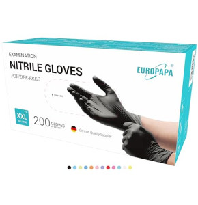 EUROPAPA Boîte de 200 gants jetables en nitrile - Gants d'examen - Non poudrés - Sans latex - Non stériles - Sans latex - Sans latex (XXL, Noir)