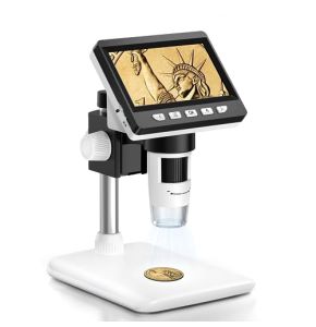 AOPICK Microscope Numérique, 4.3'' IPS Microscope à Grossissement 50X-1000X, 1080P FHD Monnaie Microscope avec 8 Lumières LED et Batterie Rechargeable