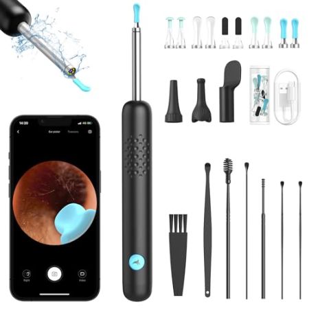 Otoscope Oreille, 1080P HD Kit Camera Oreille d'élimination du cérumen avec 6 lumières LED, 3,5mm Nettoyant Oreille, IP67 étanche Endoscope Cam...