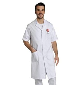 Blouse Polyester Coton Épais Manches Courtes - Blanche Homme Chimie et Pharmacie - 1 Poche Intérieure, 3 Poches Extérieures (FR/ES, Alpha/Lettres, 3TG, Taille N)