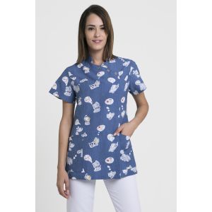 Blouse vétérinaire femme Modèle Geneve Motif Dog & Cat - Uniforme Microfibre