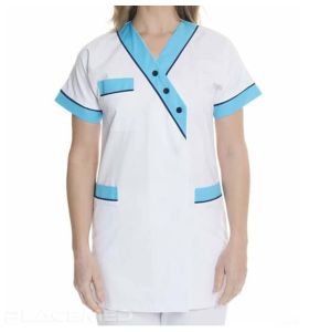 Veste Médicale BYZANCE - Tunique Femme Blanche et Bleu Azur - Tailles 00 à 7