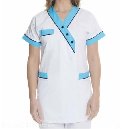 Veste Médicale BYZANCE - Tunique Femme Blanche et Bleu Azur - Tailles 7