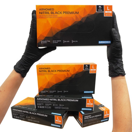ARNOMED Gants nitrile taille L, gant nitrile noir, 100 pièces/boîte, gants noir jetable non poudrés & sans latex, gants noir, gants de cuisine j...