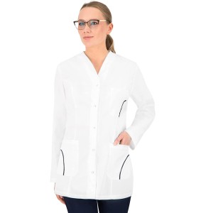 B-well Savina Professional White Long-Sleeved Women's Blouse with 3 Pockets and Snap Buttons