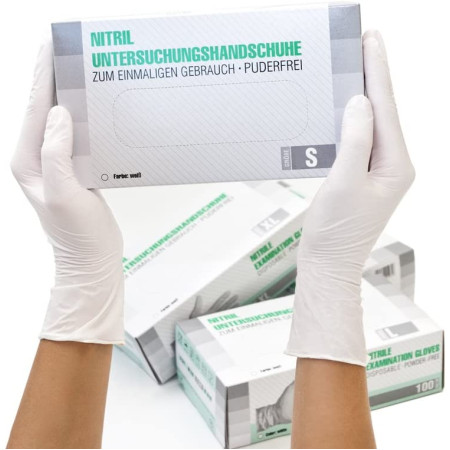 SF Medical Products GmbH Gants en nitrile Boîte de 100 pièces (S, Blanc) Gants d'examen jetables, sans poudre, sans latex, non stériles, médica...
