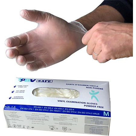 Hurry Jump Disposable Vinyl Gloves Powder-Free and Latex-Free Box of 100 - Transparent Size S to XL