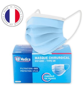 KB MEDICA - Masques chirurgicaux Type 2R IIR - Fabriqués En France (adulte bleu, 50)
