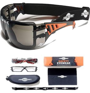 Lunettes de sécurité ToolFreak Rip-Out pour le travail et sportif, Protéger contre les UV et impacts, bandeau, étui et chiffon, lentilles fumées sombres Lunettes de sécurité ToolFreak Rip-Out pour le travail et sportif, Protéger contre les UV et impacts, bandeau, étui et chiffon, lentilles fumées sombres
