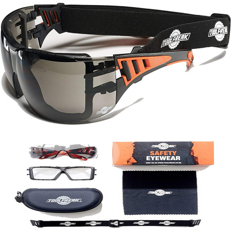 ToolFreak Rip-Out Safety Glasses - UV and Impact Protection - Strap, Case, and Cloth Included - Dark Smoke Lenses
