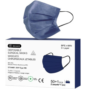 MEDI SANTÉ Pack of 50 Surgical Masks - Protection - Disposable - Navy Blue Color - Type 2R - BFE≥98% - 3 Ply