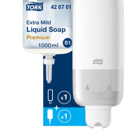 Tork Soap Dispenser + Extra Mild Liquid Soap - Economical and Leak-Proof System - White - 1000 ML