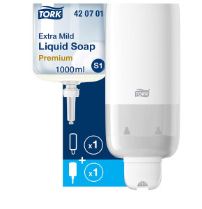 Tork Distributeur de Savon pour Savon Liquide et Désinfectant pour Les Mains - Système Distributeur S1/S11 Économique Et Anti-Fuites, Blanc + Savon Liquide Extra Doux, 1 x 1000 ML