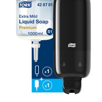 Tork Distributeur Mural de Savon Liquide + Recharge Extra Doux - Système Économique et Anti-Fuites - Noir - 1000 ML