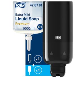Tork Distributeur Mural de Savon Liquide S1/S11 - Système de Distribution Économique et Anti-Fuites, Noir + Recharge de Savon Liquide Extra Doux, 1 x 1000 ML Tork Distributeur Mural de Savon Liquide S1/S11 - Système de Distribution Économique et Anti-Fuites, Noir + Recharge de Savon Liquide Extra Doux, 1 x 1000 ML