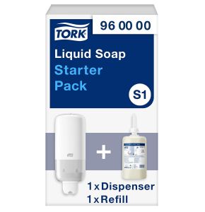 Tork Pack de démarrage pour distributeur murale de soins pour la peau liquide et en spray blanc S1/S11, économique, distributeur et 1 x 1000 ml s...