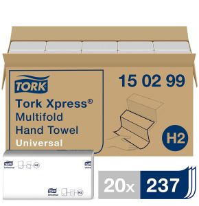 Tork Xpress® Essuie-mains interfoliés économiques blancs H2, Universal, 2 plis, pliage en Z, 100 % fibres recyclées, 20 x 237 feuilles, 150299 Tork Xpress® Essuie-mains interfoliés économiques blancs H2, Universal, 2 plis, pliage en Z, 100 % fibres recyclées, 20 x 237 feuilles, 150299