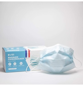 UniR Masques chirurgicaux 3 plis Adultes Type 2R IIR, Fabriqué en France, BFE + 98% (1 boite de 50 masques)
