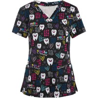 YOGALULU - Short-Sleeve V-Neck Medical Uniform - Printed Medical Tunic - Women - Heartbeat