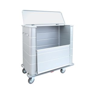 Anodized light alloy container with lid, front door and rubber bumper